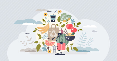 Eco friendly products with recyclable and organic packaging tiny person concept. Grocery items from zero waste shops as natural, sustainable and responsible consumption lifestyle vector illustration.