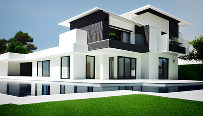Elegant, modern and luxury house exterior design concept in white color. 3D rendering