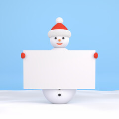 Snowman holding blank poster or placard. Christmas illustration. New Year background, postcard, banner, copy space for your text. 3d rendering.