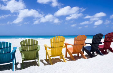 Colorful wooden chairs on white sand beach