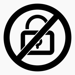 No lock. Not closed. Lock ban. Remove restrictions. Vector icon.
