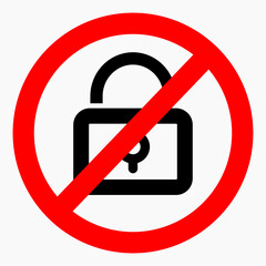 No lock. Not closed. Lock ban. Remove restrictions. Vector icon.