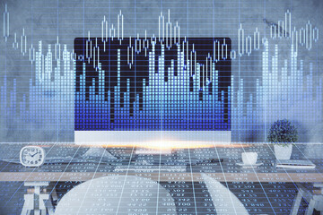 Multi exposure of financial graph drawing and office interior background. Concept of market analysis.