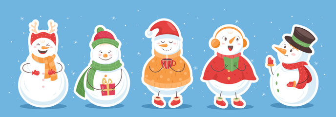 Cute Christmas snowman stickers. Vector set of winter holidays snowmen in different costume with xmas gift, cup of cacao, songbook, book. Winter icon for greeting card, poster, sticker, web banner.