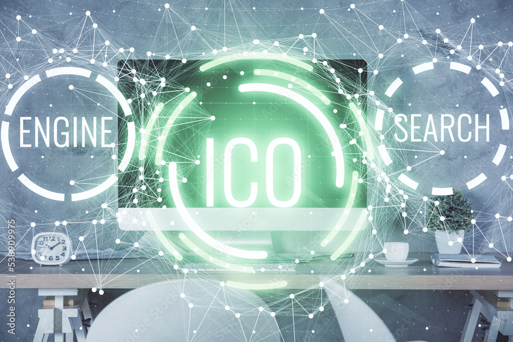 Poster double exposure of crypto technology theme drawing and office interior background. concept of blockc