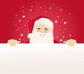 Cartoon Santa Claus character behind blank board. Vector Christmas illustration isolated on red snowing background. 