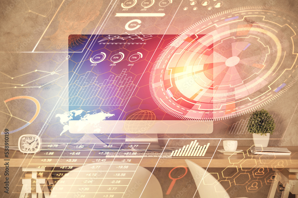 Poster multi exposure of data theme drawing and office interior background. concept of technology.