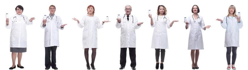 group of doctors holding jar isolated on white