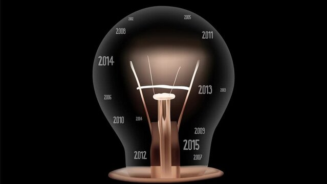 Shining light bulb with New Year 2023 and group of old year numbers going from 2002 to 2022 isolated on black background. Seamless looping. High quality 4k video.