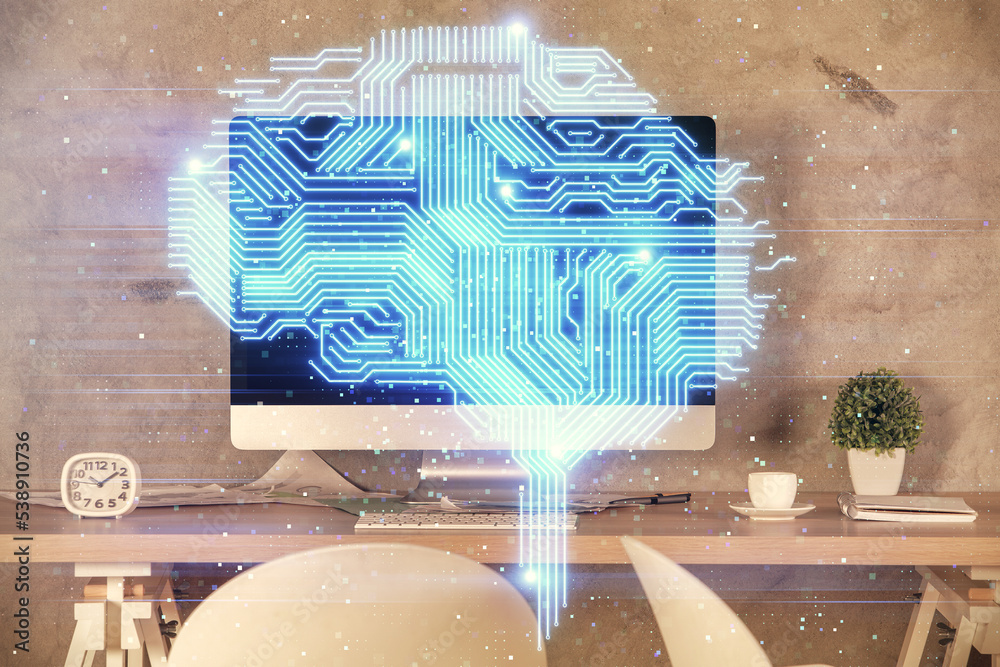 Poster multi exposure of brain drawing and office interior background. concept of data technology.