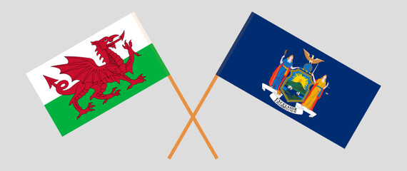 Crossed flags of Wales and The State of New York. Official colors. Correct proportion