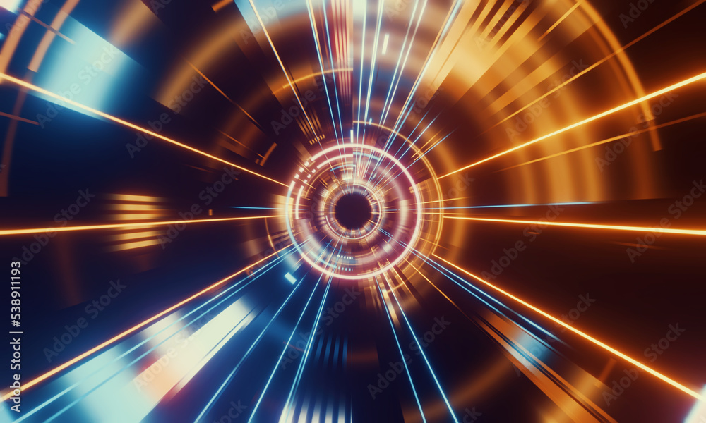 Wall mural 3d rendering of abstract fast moving stripe lines with glowing sun light flare. high speed motion bl