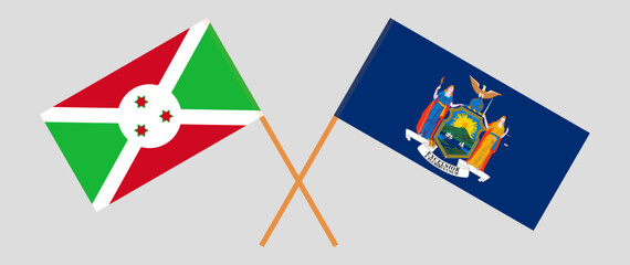 Crossed flags of Burundi and The State of New York. Official colors. Correct proportion