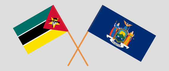 Crossed flags of Mozambique and The State of New York. Official colors. Correct proportion