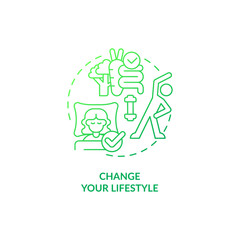 Change your lifestyle green gradient concept icon. Maintain healthy habits. Improving self esteem abstract idea thin line illustration. Isolated outline drawing. Myriad Pro-Bold font used