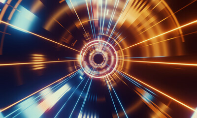 3D Rendering of abstract fast moving stripe lines with glowing sun light flare. High speed motion blur. Concept of leading in business, Hi tech products, warp speed, wormhole, science background