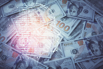 Double exposure of brain drawing over us dollars bill background. Technology concept.