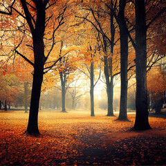 Fototapeta premium October Forest Park Autumn View. See Through Between Trees. Falling Leaves On Ground. Shiny Sunlight Atmosphere. 