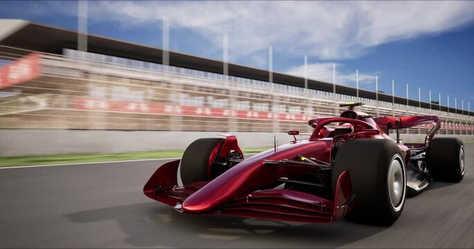 Speeding Sports Formula One Red Car Drive Racing Along the Track to the Finish Line. Dynamic Front View Camera. Speed and Sport Concept. 3D Rendering