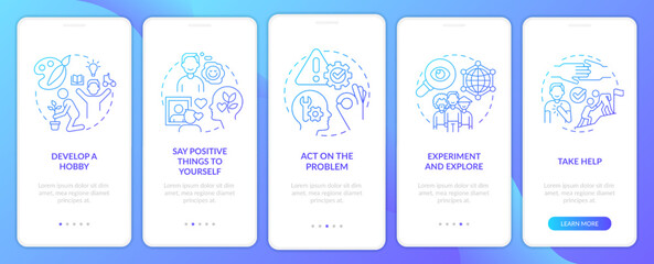 Self esteem improvement blue gradient onboarding mobile app screen. Psychology walkthrough 5 steps graphic instructions with linear concepts. UI, UX, GUI template. Myriad Pro-Bold, Regular fonts used
