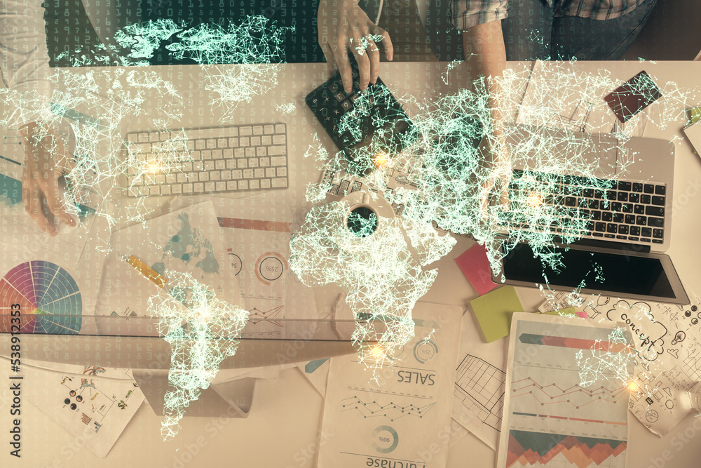 Poster double exposure of man and woman working together and social network theme hologram drawing. people 