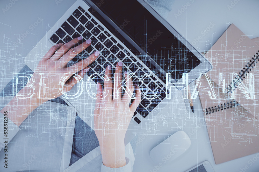 Poster Double exposure of woman hands working on computer and blockchain theme hologram drawing. Top View. bitcoin cryptocurrency concept.