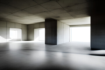 A concrete room with open space interior, large windows and sunlight. 3D rendering