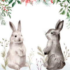 Watercolor christmas bunny. Chinese new year black rabbit. Watercolor, Christmas cute bunny Holiday seamless, pattern, Forest woodland rabbit art Winter new year poster portrait kids symbol decor - 538912513