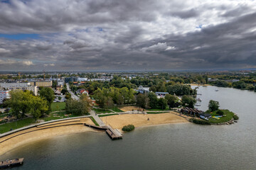  Aerial view - Bagry Lagoon, Podgórze XIII, Kraków, Poland - swimming spot  in a city centre (kayak, sailing, sunbathing) Cracow must visit - obrazy, fototapety, plakaty
