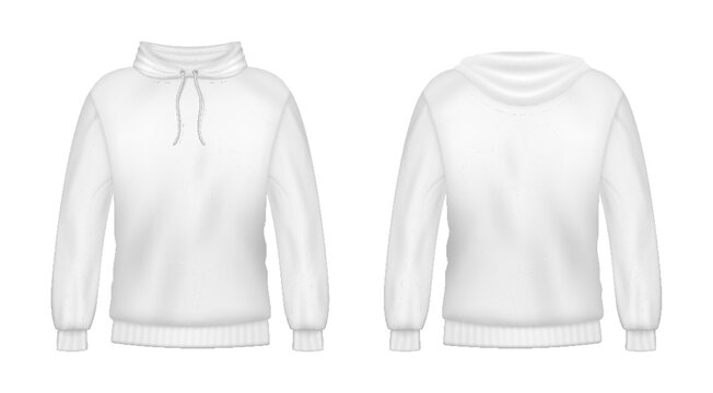 Realistic hoodie sweatshirt white 3d mockup template. Fashion long sleeve clothing hooded pullover