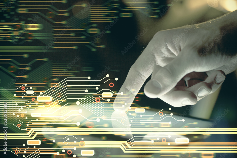 Poster Double exposure of man's hand holding and using a digital device and data theme hologram drawing. Technology concept.