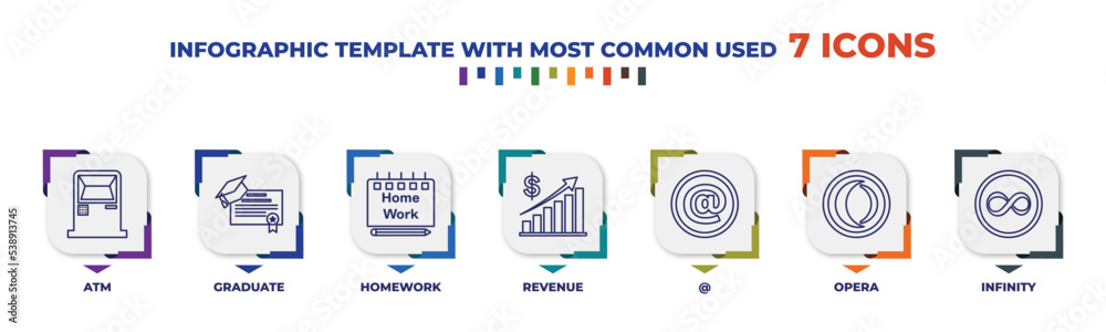 Sticker infographic template with outline icons. thin line icons such as atm, graduate, homework, revenue, @, opera, infinity editable vector. can be used for web, mobile, info graph.