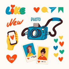 Blogging, making content for a blog or vlog vector illustration. Photo camera, and stickers for blogging. Cartoon icons for making internet content vector flat illustration.
