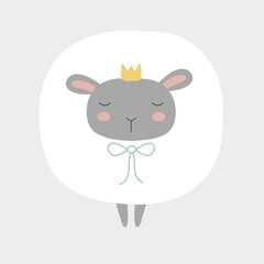 Cute white sheep with yellow crown, blue bow and pink cheeks