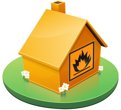 Orange 3D house with square warning symbol with flame indicating the risk of fire with the presence of flammable material (cut out)