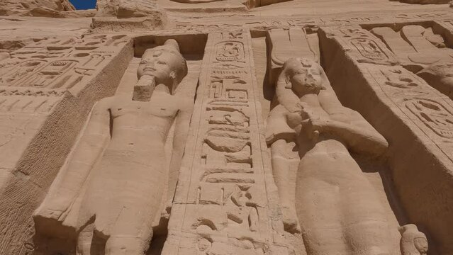 Beautiful carved statues and hieroglyphs at Abu Simbel temples, Egypt. 