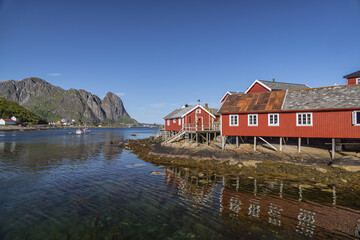 Rorbuers by the harbour at Reine, Moskenesoya, Lofoten Islands, Nordland, Norway