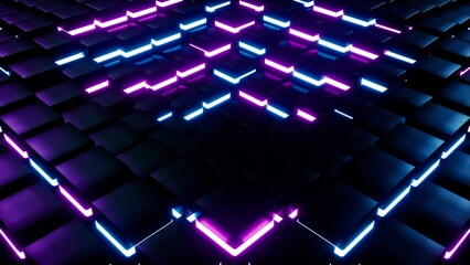 Recessed neon light cube floor background, 3d rendering