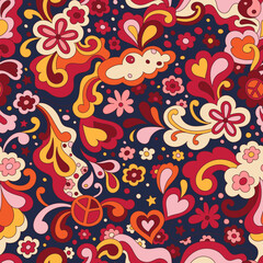 Abstract psychedelic surface pattern design for textile , stationery, wrapping paper. Colorful retro seamless pattern with hand drawn groovy elements and flowers. Vintage 60s hippie vector background