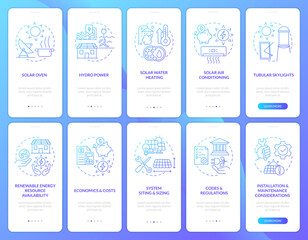 Provide alternative power blue gradient onboarding mobile app screen set. Walkthrough 5 steps graphic instructions with linear concepts. UI, UX, GUI template. Myriad Pro-Bold, Regular fonts used