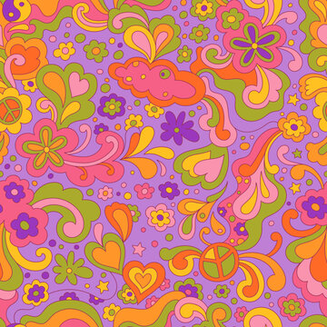 Abstract psychedelic surface pattern design for textile , stationery, wrapping paper. Colorful retro seamless pattern with hand drawn groovy elements and flowers. Vintage 60s hippie vector background