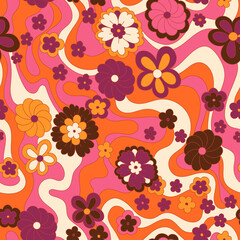 Fototapeta premium Vintage 60s hippie vector background. Colorful retro seamless pattern with hand drawn groovy elements and flowers. Abstract psychedelic surface pattern design for textile , stationery, wrapping paper.