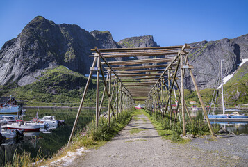 Racks for drying stockfish, Reine, Moskenesoya, Lofoten Islands, Nordland, Norway