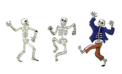Set of Halloween skeletons dancing. Halloween party. Funny illustration. Spooky scarry. Banner, design element. Vector illustration.