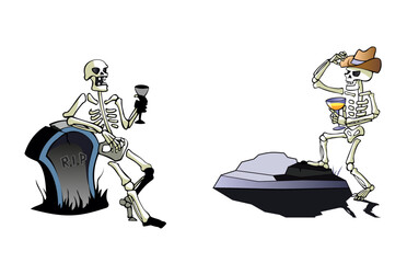 Set of Halloween skeletons. Skeletons drinking cocktails. Girl skeleton, man skeleton.  Halloween party. Funny illustration. Spooky scarry. Banner, design element. Vector illustration.