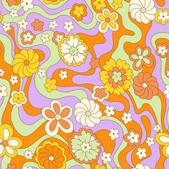 Fototapeta premium Vintage 60s hippie vector background. Colorful retro seamless pattern with hand drawn groovy elements and flowers. Abstract psychedelic surface pattern design for textile , stationery, wrapping paper.