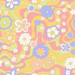 Vintage 60s hippie vector background. Colorful retro seamless pattern with hand drawn groovy elements and flowers. Abstract psychedelic surface pattern design for textile , stationery, wrapping paper.