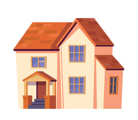 House or cottage. Icon or sticker with beautiful two storey real estate for mortgage or rent. Urban architecture or building facade. Cartoon flat vector illustration isolated on white background