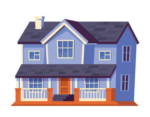 House or cottage. Sticker or icon with large city house or apartment with blue facade and veranda. Real estate or property for rent. Cartoon flat vector illustration isolated on white background