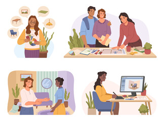Designers of interior working on project and communicating with clients. Drawing visualization and styles. Flat cartoon character, vector in flat style